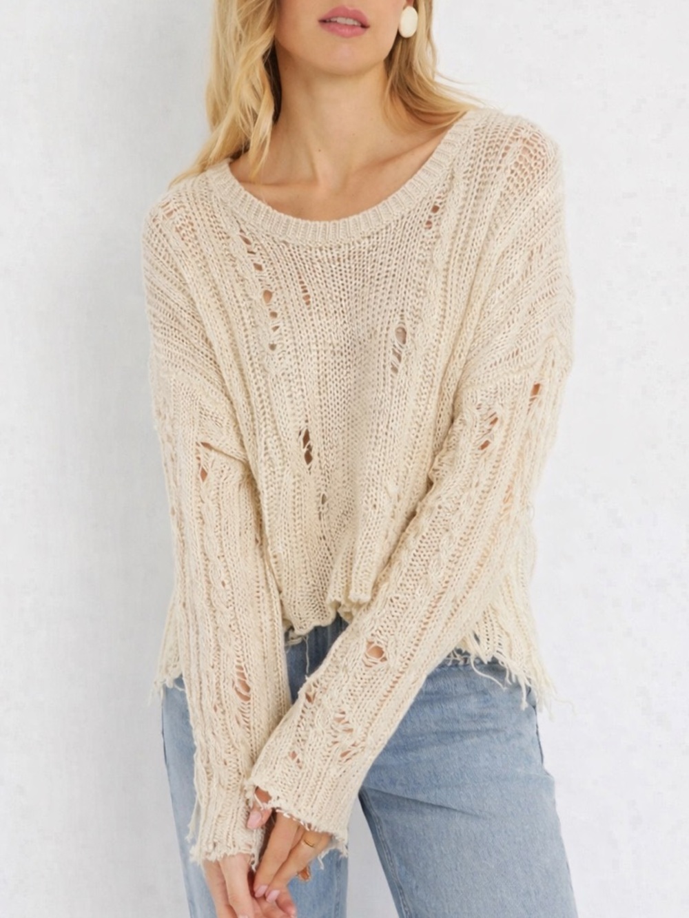 AERIE Distressed Open-Knit Crewneck Sweater - Cream Large